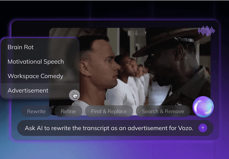 Vozo:AI视频生成器 使用提示重写脚本并重新给视频配音 生成新的视频 Vozo:AI视频生成器 使用提示重写脚本并重新给视频配音 生成新的视频