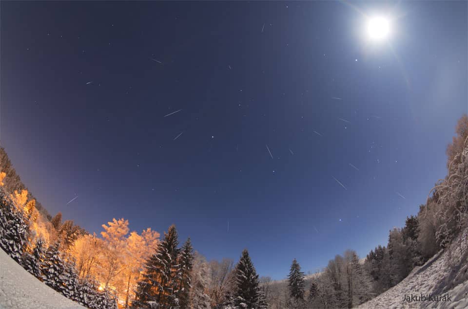 Geminid Meteors over a Snowy Forest Geminid Meteors over a Snowy Forest
